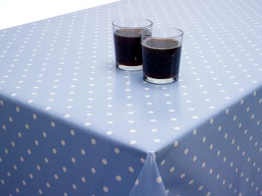 Dotty Powder Blue Polka Dot Oilcloth WITH BIAS-BINDING HEMMED EDGING Wipe Clean Tablecloth