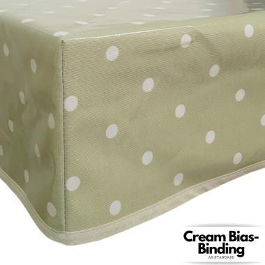 Dotty Sage Green Polka Dot Oilcloth WITH BOXED CORNERS & BIAS-BINDING Wipe Clean Tablecloth