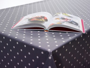 Dotty Smoke Grey Polka Dot Oilcloth WITH BIAS-BINDING HEMMED EDGING Wipe Clean Tablecloth