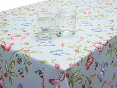 Duck Egg Butterflies and Bees Floral Matte Finish Oilcloth Wipe Clean Tablecloth