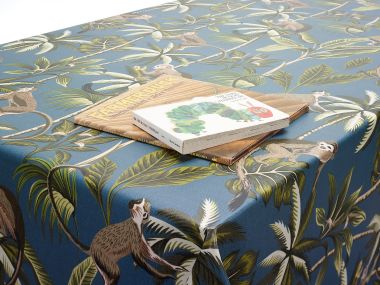 Duck Egg/Teal Tropical Monkeys Matt Finish Oilcloth WITH BIAS-BINDING HEMMED EDGING Wipe Clean Tablecloth