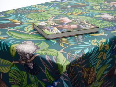 Fitted Round Elasticated Edge Duck Egg Toucans Monkeys and Parrots Tropical Matt Finish Oilcloth Wipe Clean Tablecloth