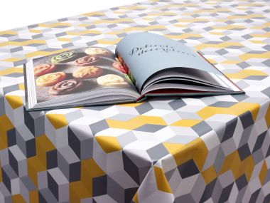 10% OFF - 140cm x 95cm - Heavily Creased - Uneven - Ochre Yellow and Grey Geometric Cubes PVC Vinyl Wipe Clean Tablecloth