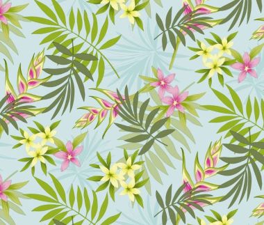 Duck Egg, Pink and Yellow Tropical Flowers PVC Vinyl Wipe Clean Tablecloth