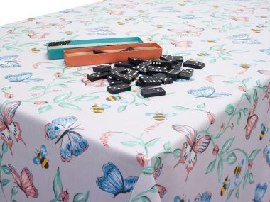 Grey Butterflies and Bees Floral Matte Finish Oilcloth WITH BIAS-BINDING HEMMED EDGING Wipe Clean Tablecloth