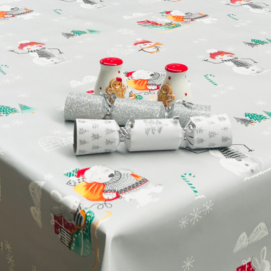 Grey Polar Bears and Snowman Christmas PVC Vinyl Wipe Clean Tablecloth