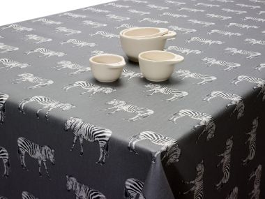 Smoke Grey Zebra Wipe Clean Matte Finish Oilcloth WITH BIAS-BINDING HEMMED EDGING Tablecloth
