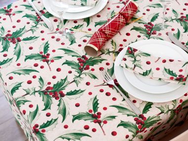 Festive Christmas Holly & Berries Fabric Tablecloth