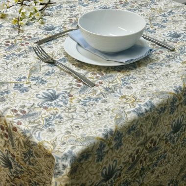 William Morris Strawberry Thief in Linen Plum Matte Finish Wipe Clean Oilcloth WITH BIAS-BINDING HEMMED EDGING Tablecloth