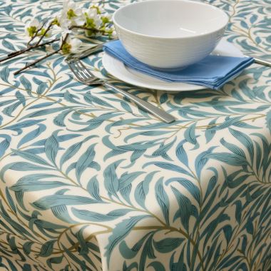 William Morris Willow Boughs in Teal/Duck Egg Matte Finish Wipe Clean Oilcloth WITH BIAS-BINDING HEMMED EDGING Tablecloth