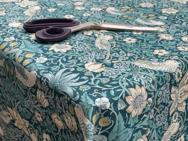 William Morris Strawberry Thief in Teal/Duck Egg Matte Finish Wipe Clean Oilcloth Tablecloth