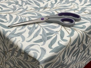 William Morris Willow Boughs in Mineral Grey/Blue Matte Finish Wipe Clean Oilcloth WITH BIAS-BINDING HEMMED EDGING Tablecloth