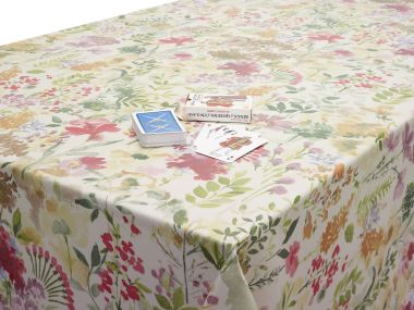 10% OFF - 80cm x 120cm - 15cm Overhang Boxed Corners - Green Bias Binding - Multi Floral Watercolour Oilcloth Wipe Clean Tablecloth Matte Finish