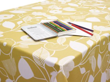 Nordic Ochre Yellow Floral Scandinavian Oilcloth WITH BIAS-BINDING HEMMED EDGING Wipe Clean Tablecloth Matte Finish