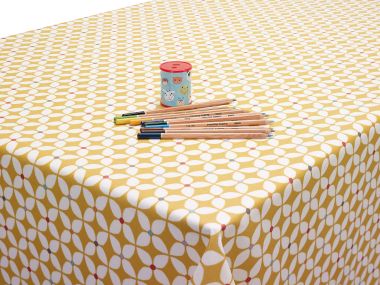 Ochre Yellow Scandic Marguerite Floral Matte Finish Oilcloth Wipe Clean Tablecloth