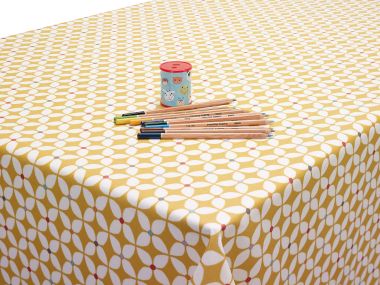 Ochre Yellow Scandic Marguerite Floral Matte Finish Oilcloth WITH BIAS-BINDING HEMMED EDGING Wipe Clean Tablecloth