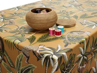 Ochre Yellow Tropical Monkeys Matt Finish Oilcloth Wipe Clean Tablecloth