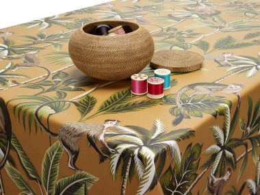 Ochre Yellow Tropical Monkeys Matt Finish Oilcloth WITH BIAS-BINDING HEMMED EDGING Wipe Clean Tablecloth