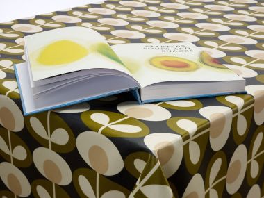 20% OFF - 130cm x 120cm - Black Bias Binding - Rounded Corners - Orla Kiely Oval Flower Seagrass Oilcloth Tablecloth