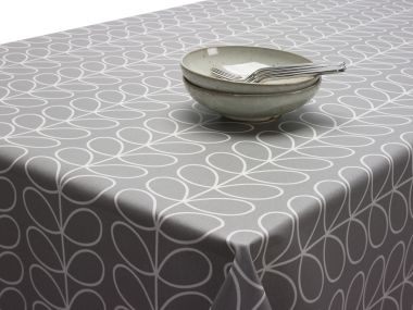 30% OFF - For 85cm Diameter Round Table - Elasticated Edges - Orla Kiely Linear Stem Light Grey Oilcloth Tablecloth Matte Finish