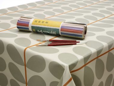 20% OFF - 90cm x 185cm - Boxed Corners, 15cm Overhang - White Bias Binding - Very Light Marking - Orla Kiely Orange Stem & Cool Grey Floral Oilcloth Wipe Clean Tablecloth