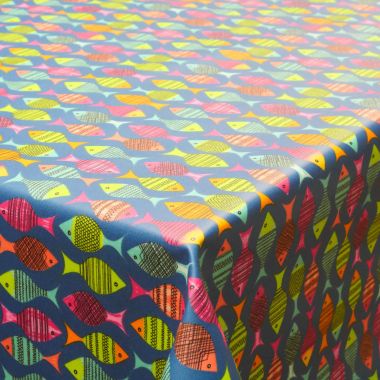 Dark Blue and Multi Funky Fish Oilcloth Wipe Clean Tablecloth