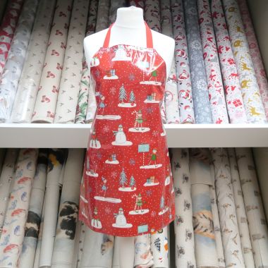 Red Elves & Snowmen Oilcloth Christmas Apron