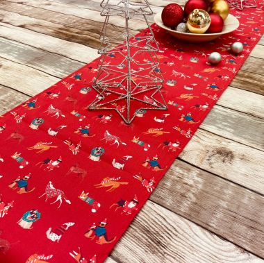 Red Festive Christmas Dogs Cotton Fabric Table Runner