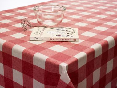Red Large Gingham Check Oilcloth WITH BIAS-BINDING HEMMED EDGING Wipe Clean Tablecloth