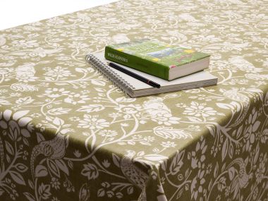Sage Green Pheasants and Hares Country Oilcloth WITH BIAS-BINDING HEMMED EDGING Wipe Clean Tablecloth Matte Finish