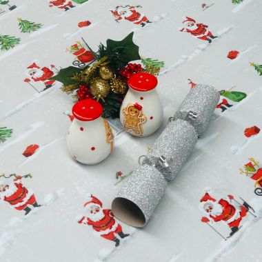 Beige Skiing Santa Sleigh Oilcloth Wipe Clean Festive Tablecloth