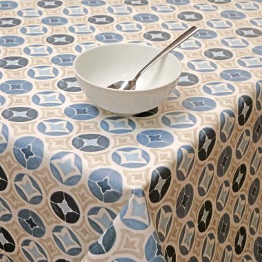 Santorini Blue & Taupe Mosaic Circles Wipe Clean Oilcloth WITH BIAS-BINDING HEMMED EDGING Tablecloth