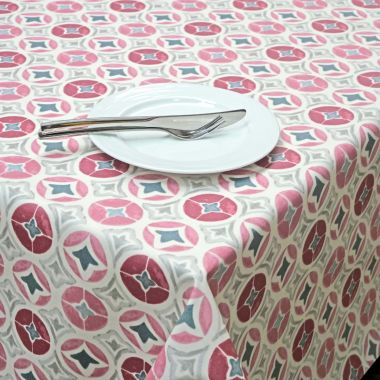 Santorini Salmon Pink & Grey Mosaic Circles Wipe Clean Oilcloth Tablecloth