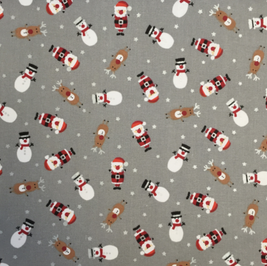 Grey Christmas Santa Snowmen Crafting and Quilting Cotton Fabric