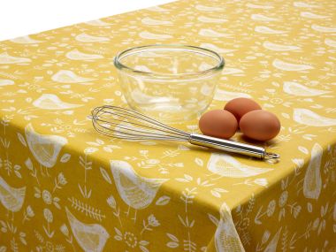 Narvik Ochre Yellow Birds Scandinavian Matt Finish Oilcloth WITH BIAS-BINDING HEMMED EDGING Wipe Clean Tablecloth