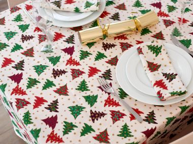 Cream, Red & Green Festive Christmas Trees 100% Cotton Fabric Tablecloth
