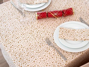 Cream & Gold Christmas Stars 100% Cotton Fabric Tablecloth