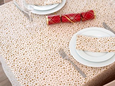Cream & Gold Christmas Stars 100% Cotton Fabric Tablecloth