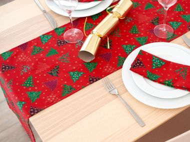 Red Green Christmas Trees Christmas Cotton Fabric Table Runner