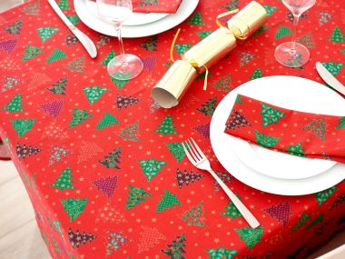 Red & Green Christmas Trees 100% Cotton Fabric Tablecloth