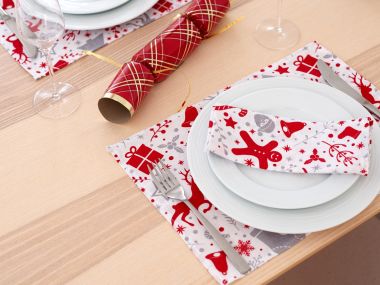 Red & Silver Reindeers & Gifts Christmas Fabric Placemat