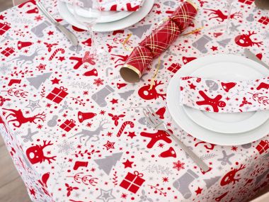 Red, Silver Reindeers & Gifts Christmas Fabric Tablecloth