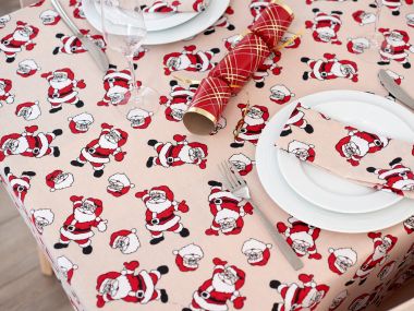 Beige Jolly Santa Festive Fabric Tablecloth