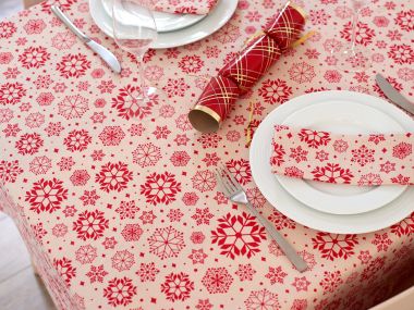 Taupe & Red Large Snowflakes Christmas Fabric Tablecloth
