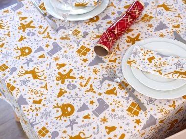 Gold, Silver Reindeers & Gifts Christmas Fabric Tablecloth