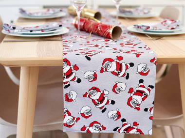 Silver Jolly Santa Christmas Fabric Table Runner