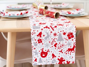 Red & Silver Reindeers & Gifts Christmas Fabric Table Runner