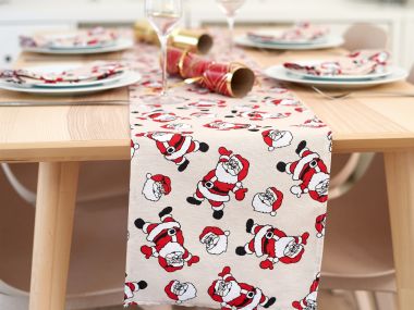 Taupe Jolly Santa Christmas Fabric Table Runner