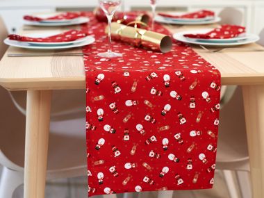 Red Snowmen, Santa and Reindeer Christmas Cotton Fabric Table Runner