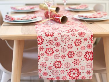Taupe & Red Large Snowflakes Christmas Fabric Table Runner